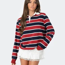 Women's 2024 American Striped Lapel Long Sleeve Short Casual Tops Casual Daily Long Sleeve Club Wear Vestidos