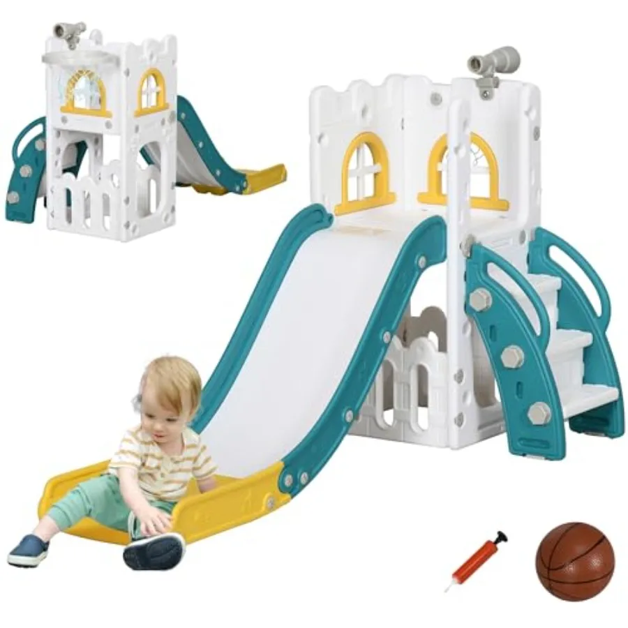 

5 in 1 Toddler Slide, Indoor Slide for 1-3 Years Old, Climber Freestanding Playset with Basketball Hoop, Telescope and Storage