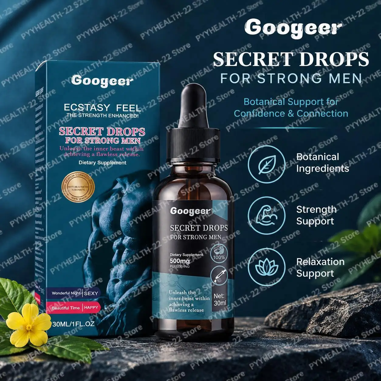 Supports Intimate Confidence, Physical Strength and Mood Relaxation, Secret Drops for Men with Damiana Leaf, Epimedium, 30ml