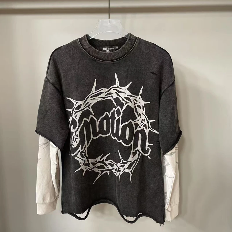 

Fake Two Pieces Mixed Emotion Long Sleeve T-shirt Men Women Patchwork Black White Washed Loose Hole Damaged T Shirt Tops