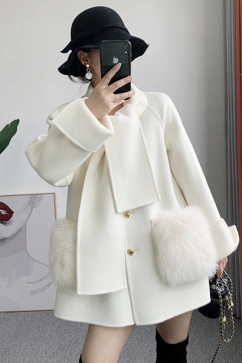 2022 High End Brand Fox Fur Pocket Double Sided Woolen Cashmere Coat Women Long Scarf Collar woolen coat