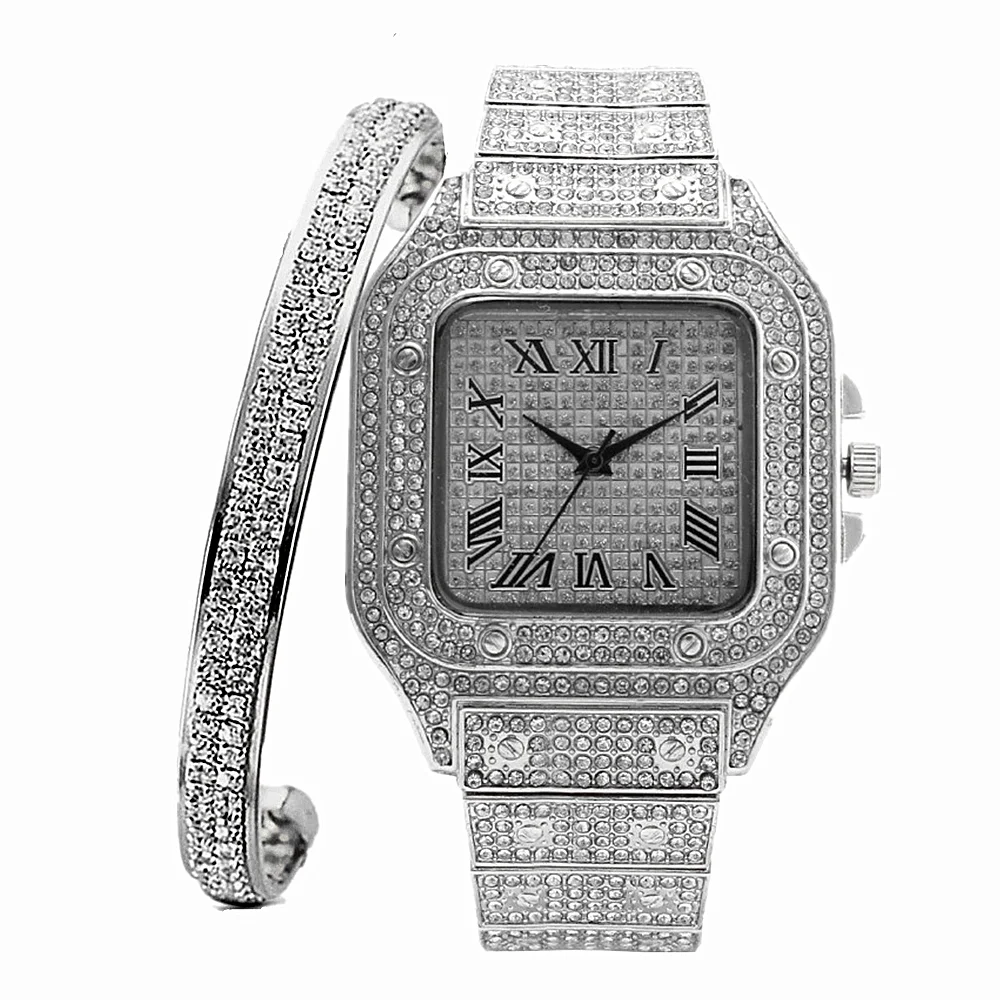 Iced Out-reloj y brazalete Para Mujer, pulsera con diamantes Para Mujer, conjunto de joyería sencillo de oro de lujo