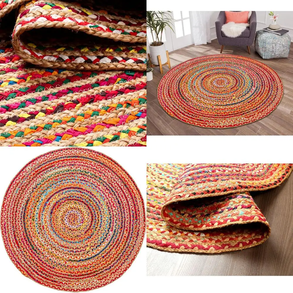 

5' Round Multicolored Handwoven Rag Rug - Rustic, Pet-Friendly Reversible Decorative Carpet for Kitchen, Kids' Room, Living Spac