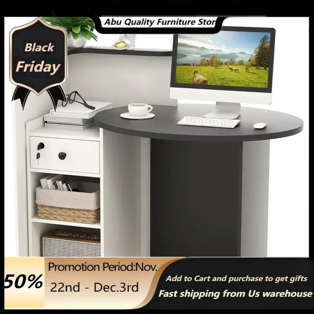 Reception Desk, Front Counter Desk with Lockable Drawer & Adjustable Shelf, Oval Desktop, Retail Counter for Checkout