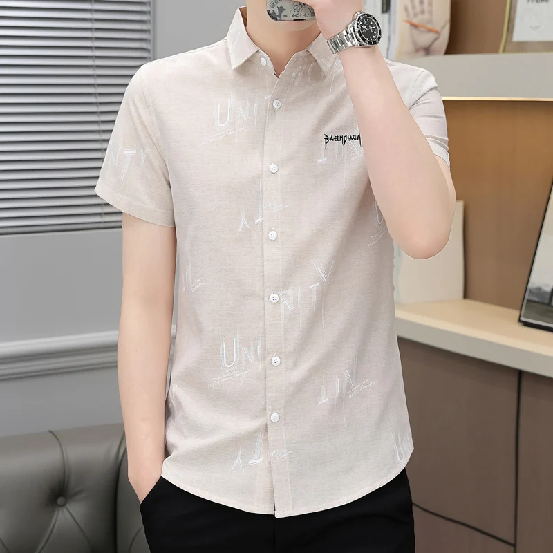 Letter Printing Short Sleeve Men\'s Clothing Turn-down Collar Contrast Color Summer Button Up Cardigan Shirt Preppy Style Tops
