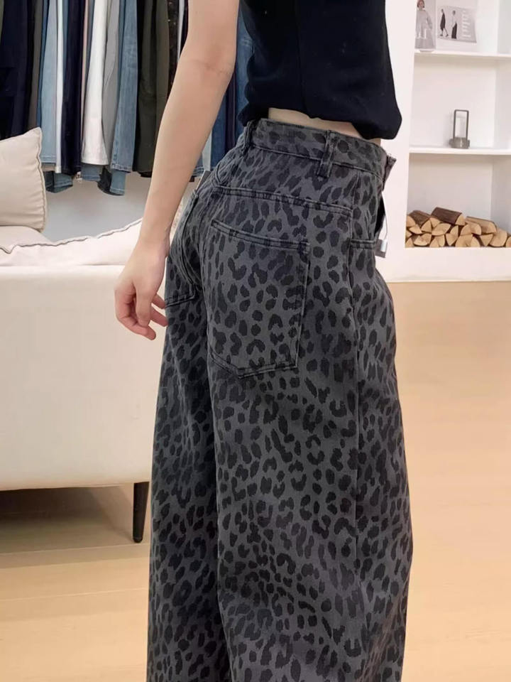  American Retro Leopard Print Wide Leg Jeans Women's High Waist Draping Loose Fitting Floor Length Pants Spring Autumn plus Size 