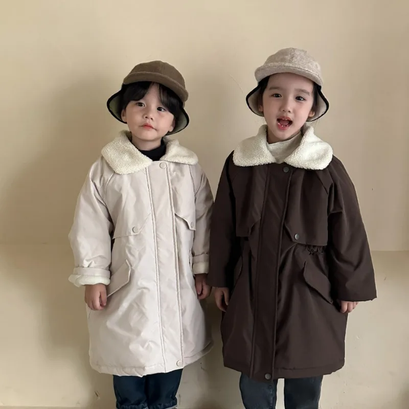 

Winter New Kids quilted long style Wind Coats Fleece Lining Boys and girls woolen lapel collar thicken warm trench jackets