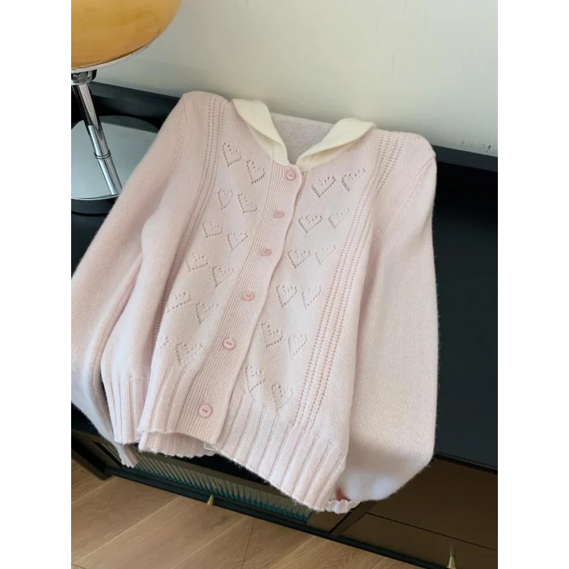 

Pink Love-hooked Sweater for Women 2025 Autumn New Korean Style Loose Sweet Gentle Style Sweater Top Coat