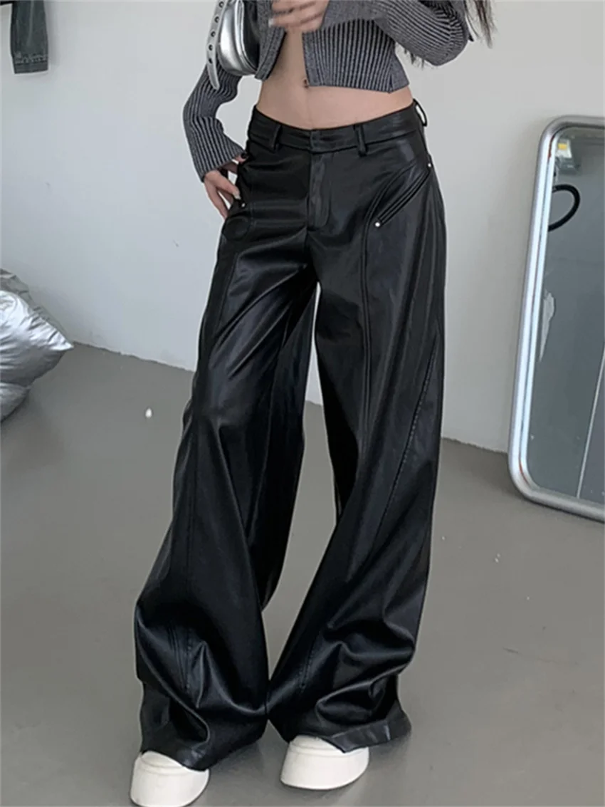 Imagem -06 - Plamt-faux pu de Cintura Baixa Calça Solta Feminina Streetwear Chique Perna Larga Reta Novo Escritório Vintage Diário Outono 2023