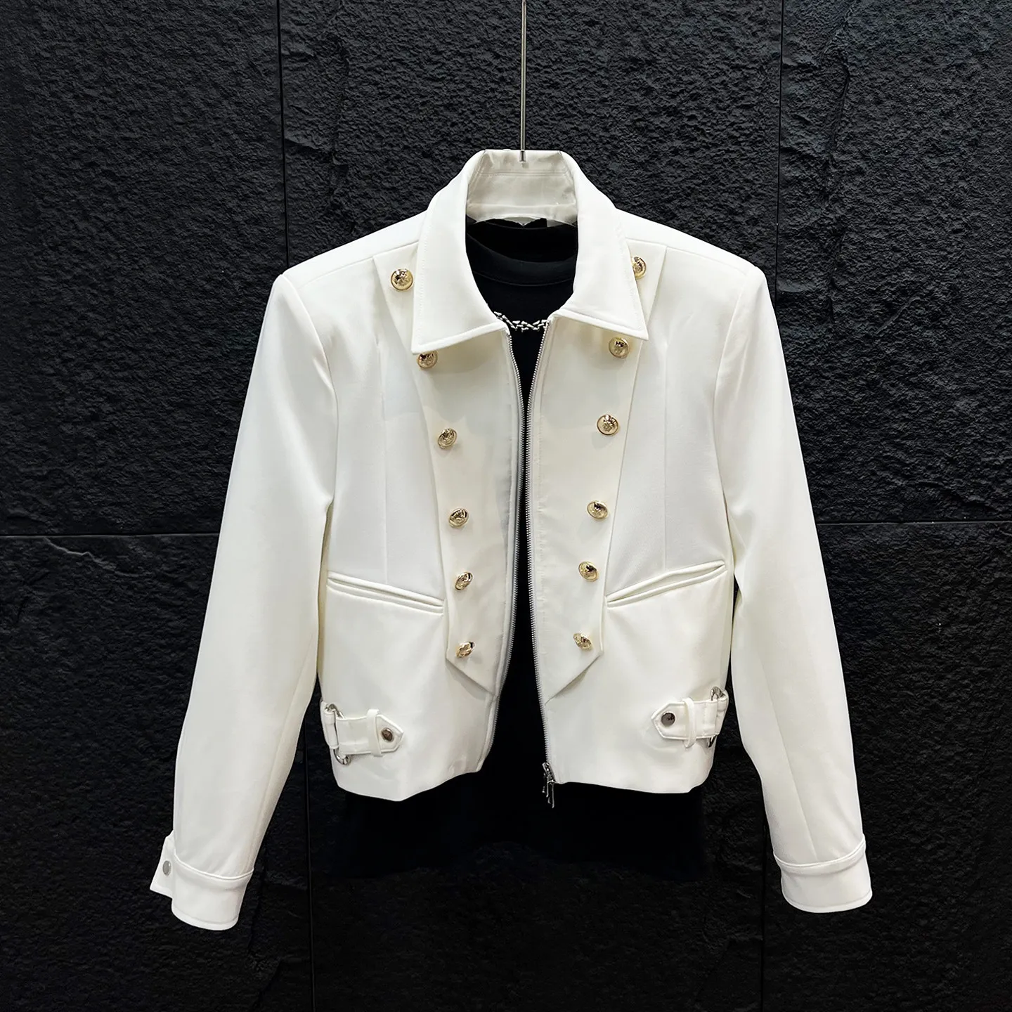 Military Cropped Jacket Multiple Buttons Deconstructed Autumn Zip Coat for Casual Dressing and City Nights