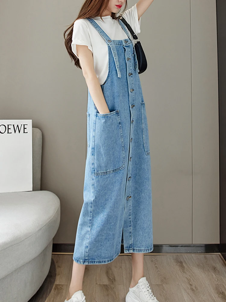 2023 New S-5XL Denim Tank Top Dress Women\'s Fashion Loose Comfort Summer French Retro Large Pocket Strap Dress