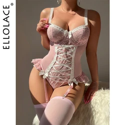 Ellolace-Body de encaje elegante con media larga, traje de cuerpo Onlyfan con cordones, Top Sexy rosa para mujer, lencería Sissy