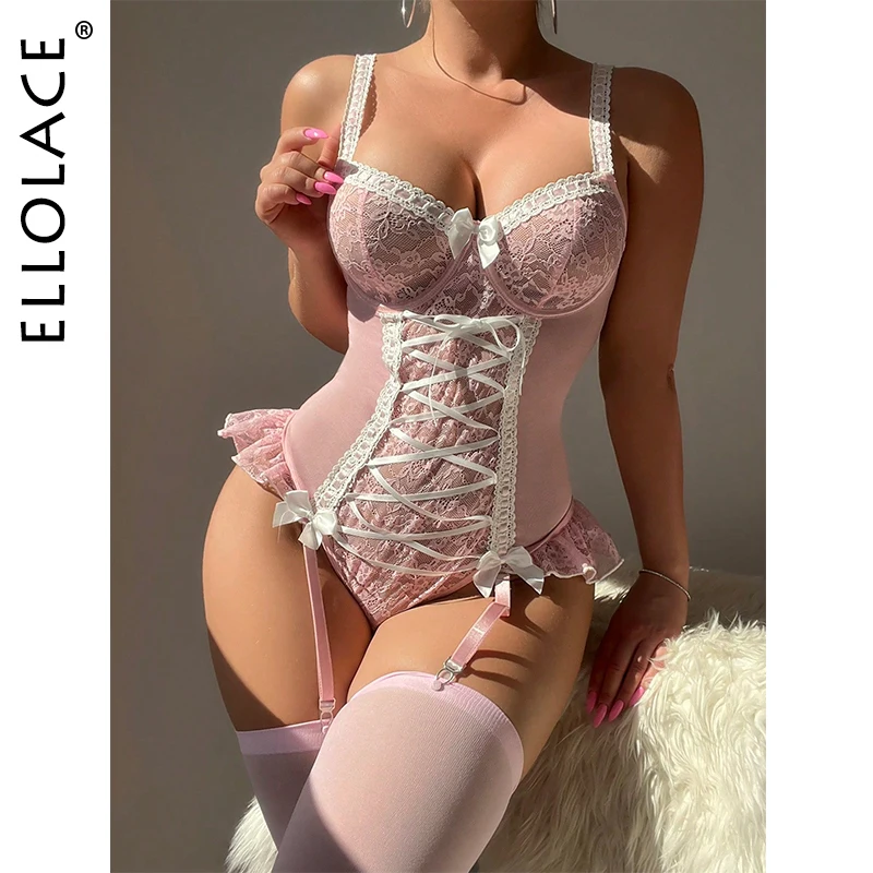 Ellolace Fancy Lace Bodysuit With Long Stocking Lace Up Onlyfan Body Suit Girly Pink Sexy Dames Sexy Top Sissy Lingerie