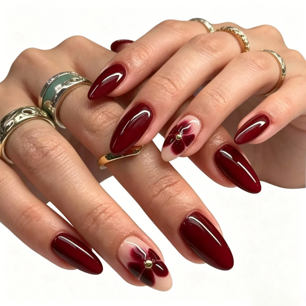 24pcs Set Burgundy Almond Shape Medium Length Solid Color with Floral Golden Dust Design Fake Nails for Women/Girls Women'S Nail view 3