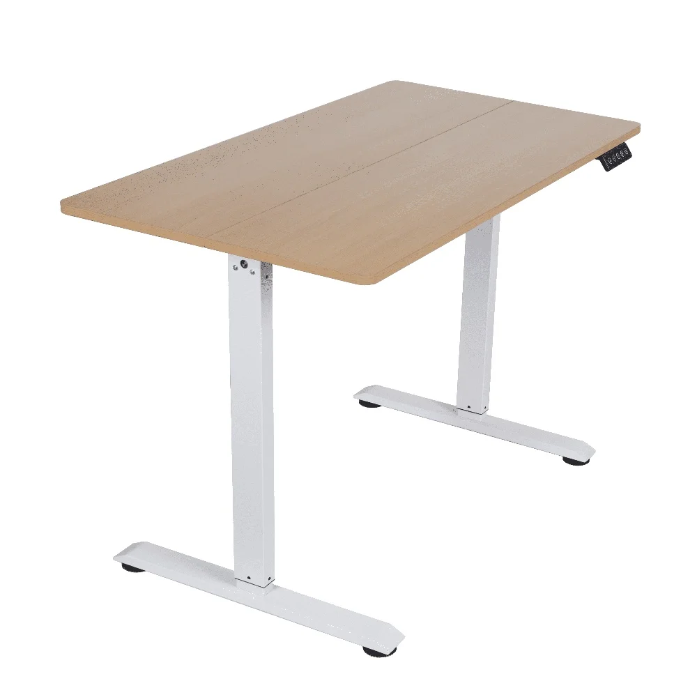 

Electric Height Adjustable Sit Stand Desk Natural Wood White Finish Spacious Surface Durable Construction Teen Adult Use
