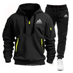 New men's tracksuit zipper hood multi-pocket and protective pants casual jogging tracksuit fall/winter 2-piece set