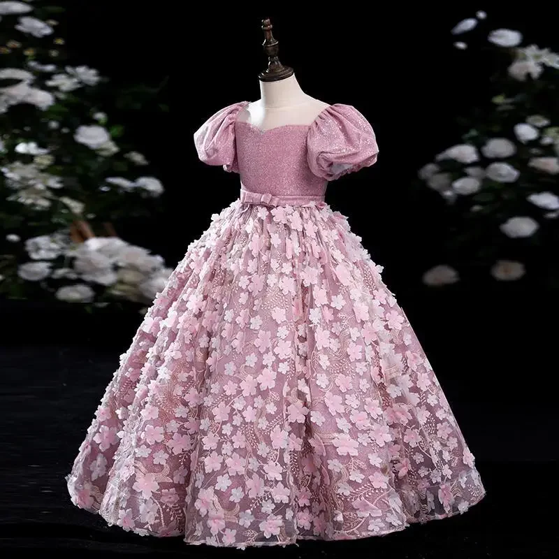 Children's Dress 2024 Spring New Girls Fluffy Piano Performance Dress Flower Girl Host Elegant Catwalk Show Evening Dress