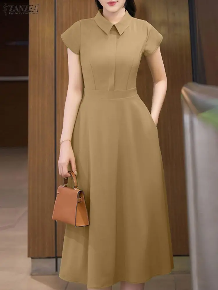 ZANZEA エレガントな半袖ラペルネックオフィスサンドレス レディース 2025 夏服 おしゃれな無地OLワークミディドレス ウエストマークドレス