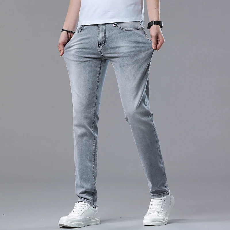 Lichtgrijze Zomerjeans Heren Dunne Ademende Zachte Stretch Slim Fit Potlood Street Fashion High-End Casual Jongens