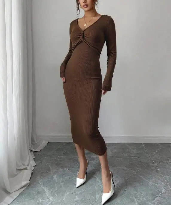 

Women Dresses 2026 Spring Autumn New Brown V-Neck Chest Twisted Design Long Sleeve Casual Slim Fit Versatile Daily Long Dress