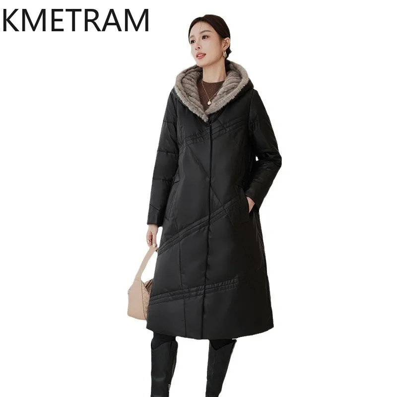 100% pele de carneiro para baixo casacos femininos de couro genuíno longo puffer jaqueta com chapéu de pele de vison 2025 roupas de inverno mulher Пухоiyahaк Ж misce