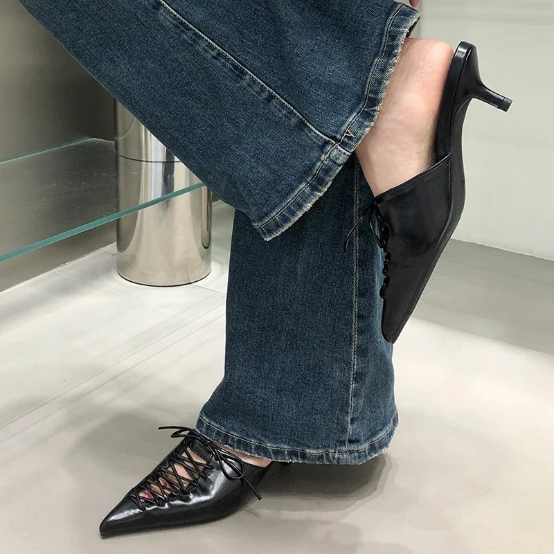 Fashion Pointed Toe Women Heels Shoes Slippers Mules Summer Female Lace up Shallow Outdoor Slides Heeled Ladies Pumps Shoes