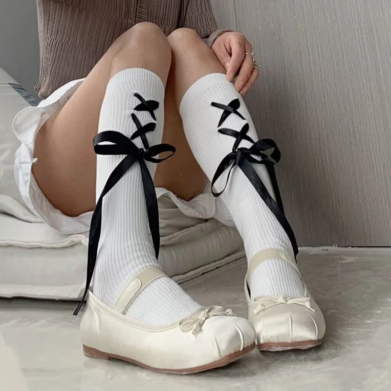 Women's Ballet Style Black and White Cotton Knee length Socks Cute Cross Lace Front Long Socks Kawaii Lolita Bow Calf Socks