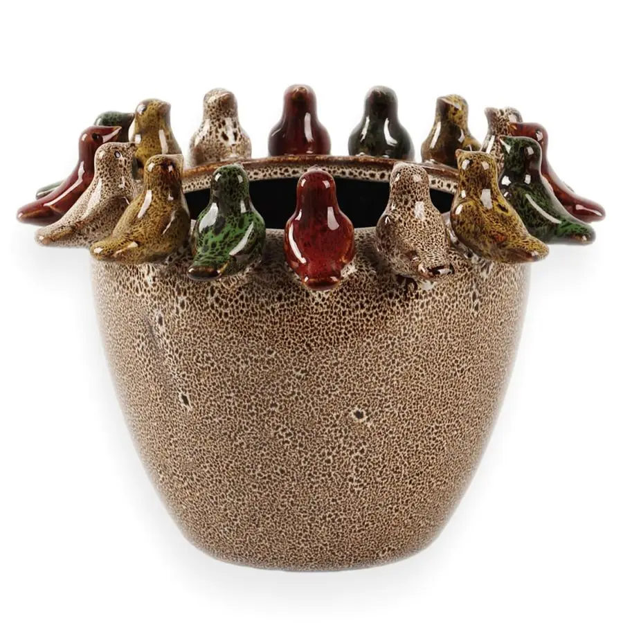 

Керамический цветочный горшок с дренажным отверстием и силиконовой заглушкой, с керамическими птицами на краю, реактивная глазурь, для