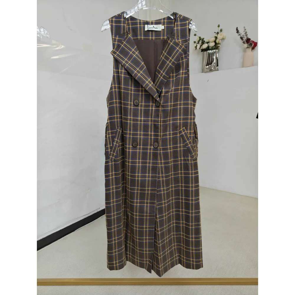 

Модный осенне-зимний жилет SuperAen без рукавов в винтажную клетку с поясом, удлиненный, с вырезом на горловине, оверсайз