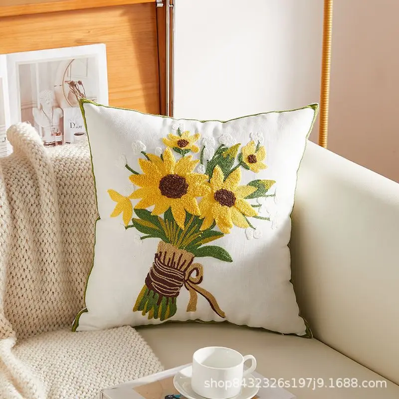 Linen and cotton cushion cover with dandelion embroidery for home decoration, cushion cover for sofa, high fashion