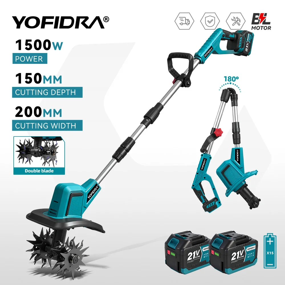 YOFIDRA Bürstenloser elektrischer Gartenfräse, Rasenmäher, Rototiller für den Bodenanbau, Garten, für Makita 18–21 V Batterie-Pin