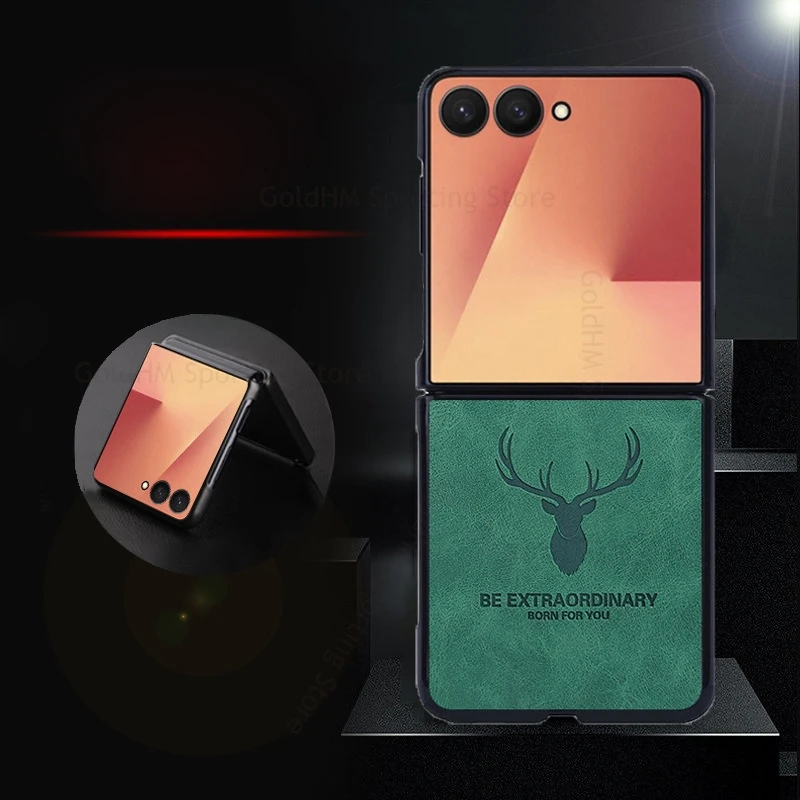 

For Samsung Galaxy Z Flip7 5G Cartoon Elk Deer Head Shockproof Leather Case For Samsung Z Flip 6 5 4 Ultra Slim Protection Cover