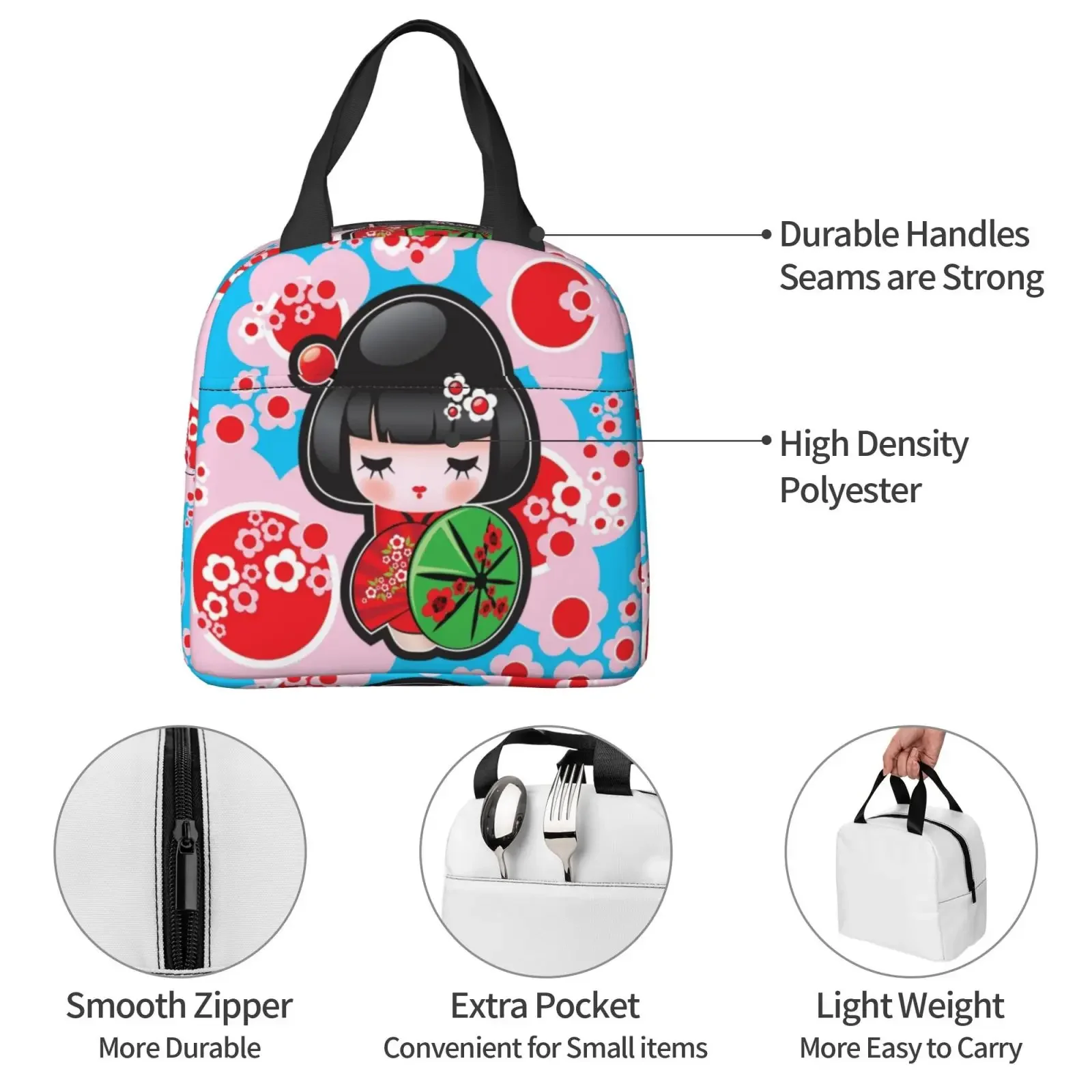 Japanese Keiko Kokeshi Doll Insulated Lunch Bag Cute Design Kimono Geisha Dolls Girls Cooler Thermal Bento Box Lunch Boxes