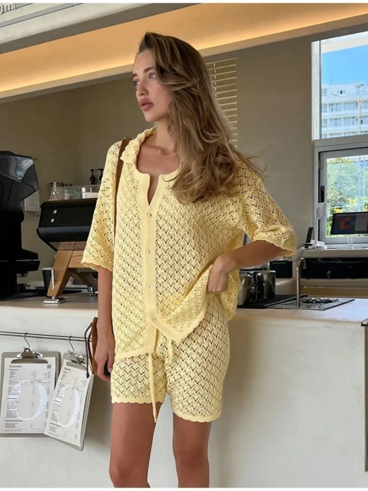 

Hollow Out Shorts Sets Woman 2025 New Summer Elegant Short Sleeve Button Cardigan Top+Lace Up Shorts Fashion Casual 2 Pieces Set