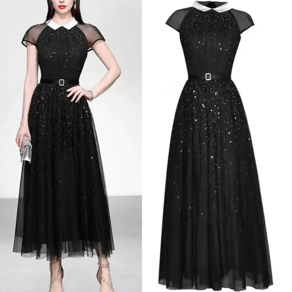 Net Sequined Celebrity A-line High Collar Bespoke Occasion Gown Midi Dresses