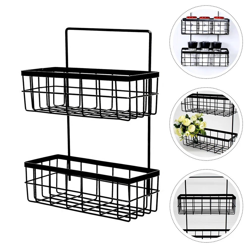 

1 Set Wall Mounted Iron Storage Rack For Kitchen Bathroom Black Sturdy Multi Supplies Organizer Nail Free