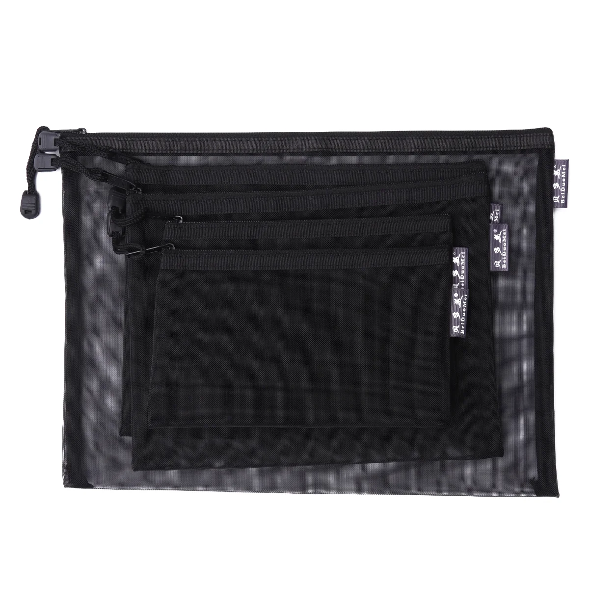 5pcs Black Transparent Office Stationery Bag Mesh Zippered File Bag Portable Pencil Pouch for Office School Supplies