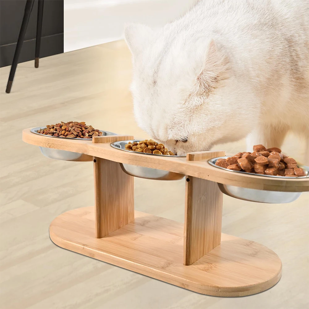 【セール中】レイズドキャットフィーダー 3 ボウル in 1 給餌および給水用品 15 °   レイズドパピー 3 ステンレススチールボウル木製スタンド猫アクセサリー