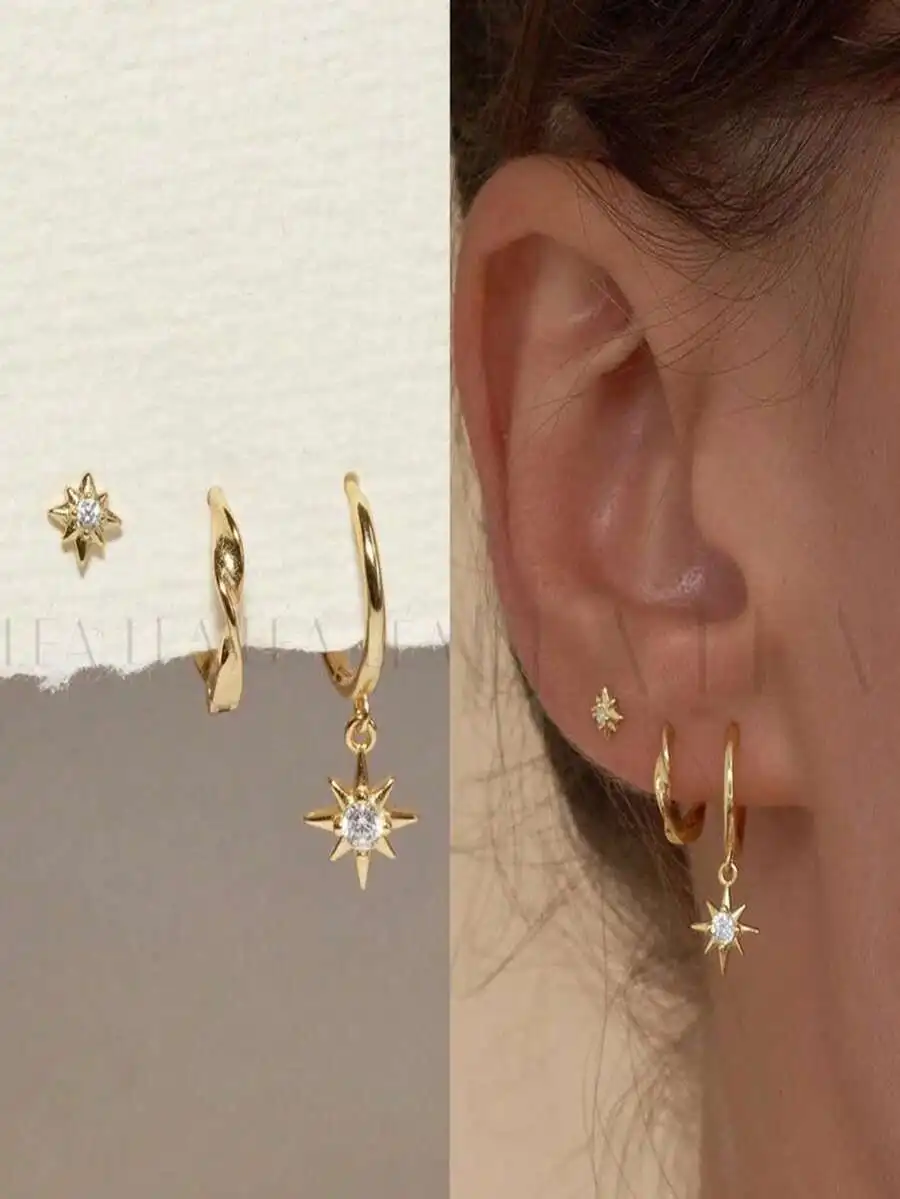 3pcs Star Pendant Hoop Earrings Set Copper Alloy Cubic Zirconia Women Daily Wear Jewelry