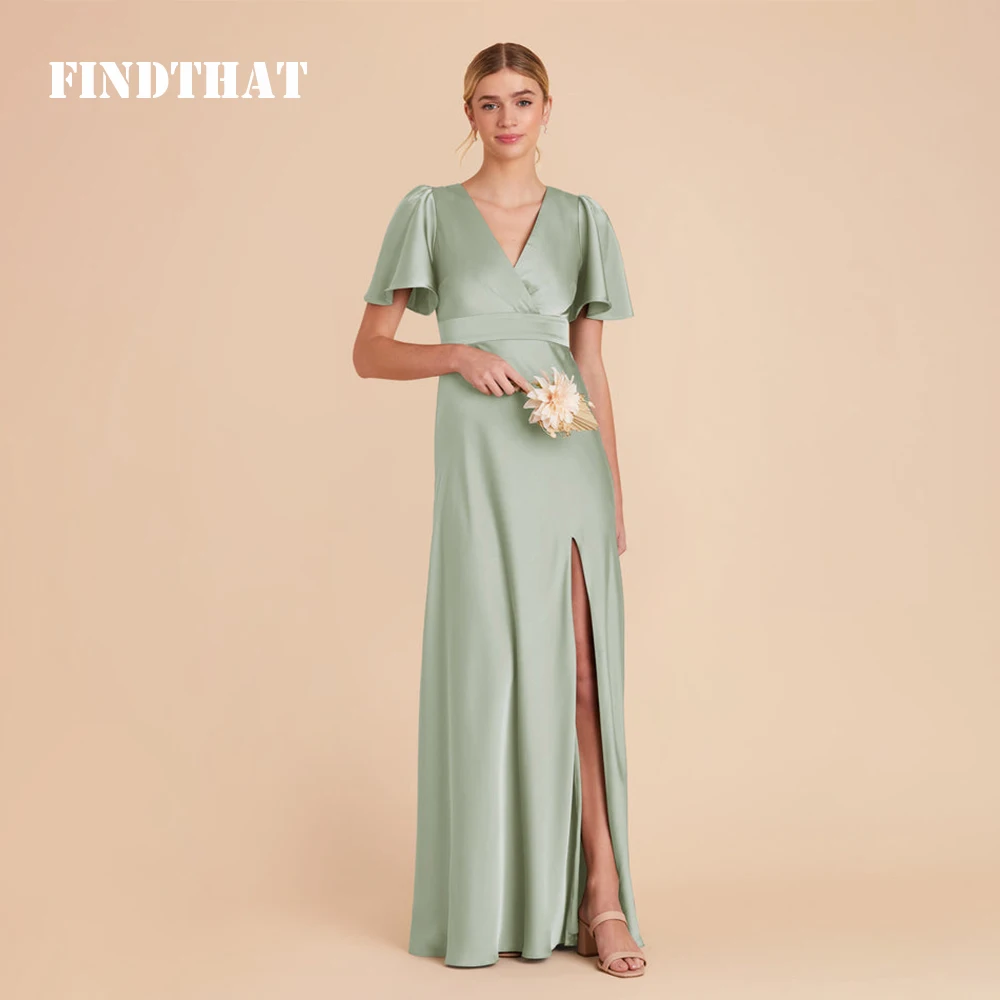 Findthat Summer Split V Neck Bridesmaid Dress Long for Women Wedding Party A Line Formal Short Sleeves Floor Length Evening Gown