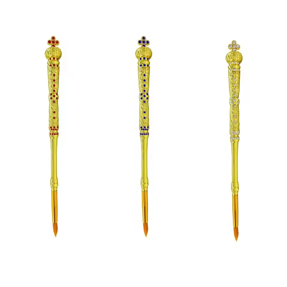 3Pcs Orthodox Ritual Pen Gold-Plated Alloy with Blue/Red/White Crystals Ornate Crown Cross Design Religious Ceremony Tool Gift