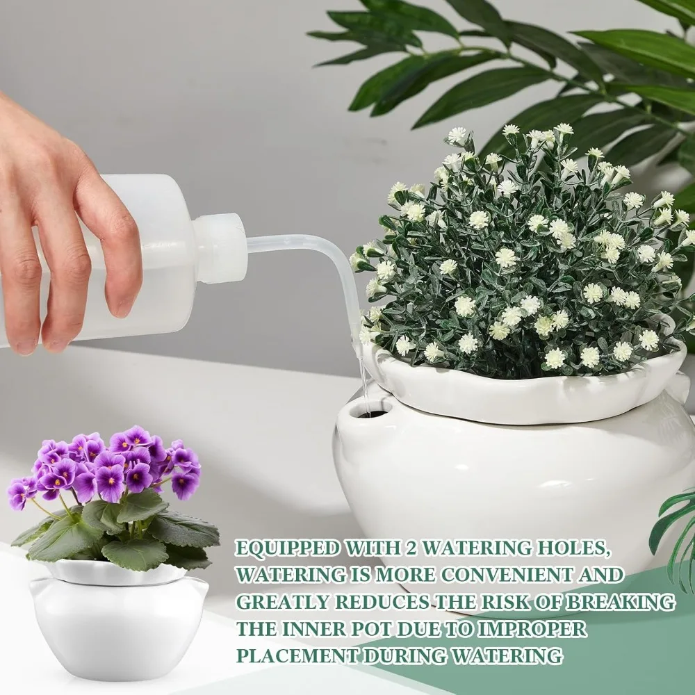 

6 Inch Self Watering Ceramic Plant Pots - 4 Pack White Indoor Flowerpots for Busy Plant Lovers