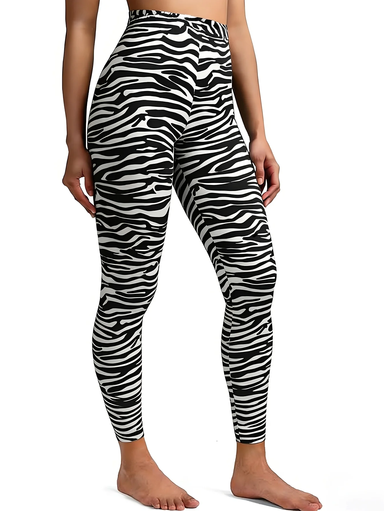Women Fleece‑Lined Leggings Classic Black White Zebra Animal‑Stripe Print Mid‑Waist Winter Bottoms