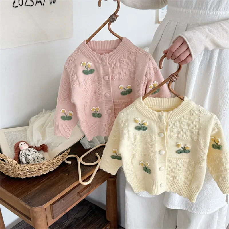 

Kid Girls Sweater Autumn Winter 3D Flower Jacquard Infant Babys Girls Cardigan Loose Round Collar Toddler Girl Knitted Outerwear