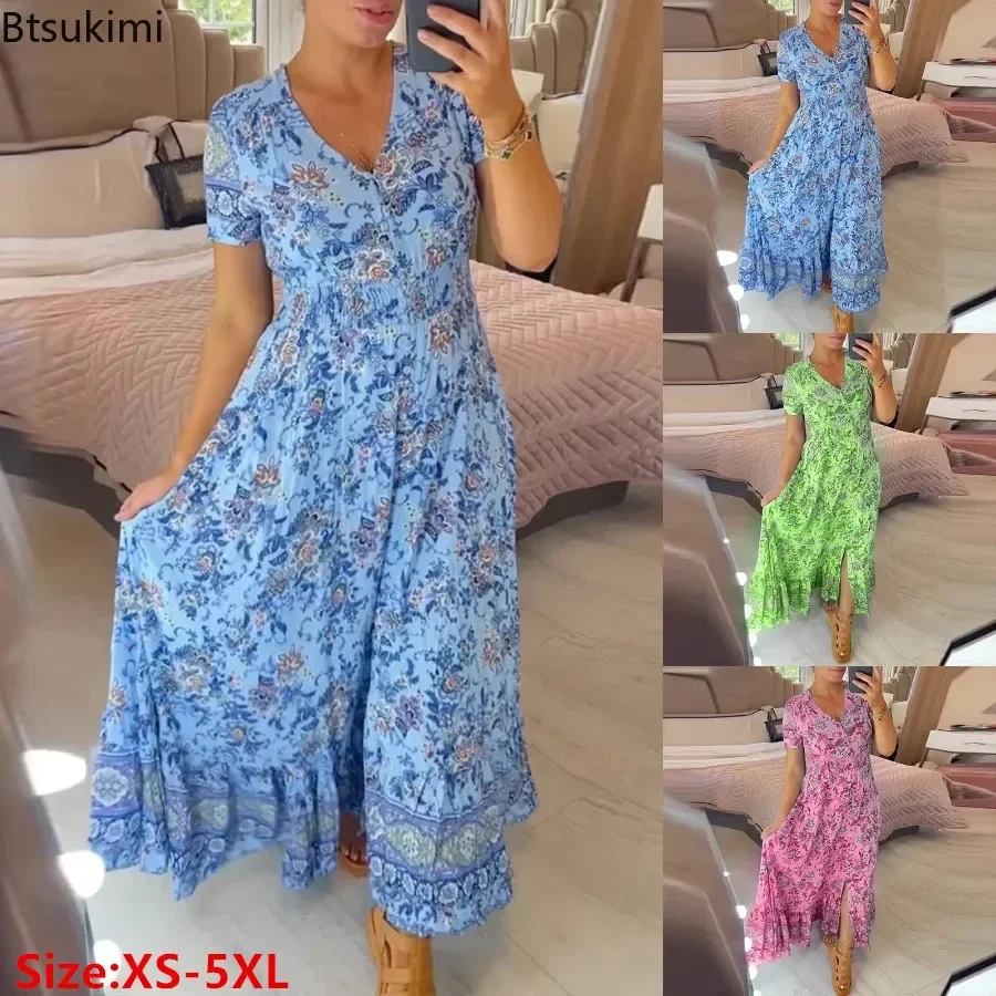 

2025 Summer Floral Printed Long Dress for Women Fashion V-neck A-line Dress Boho Style Casual Party Dress Ladies Beach Vestidos