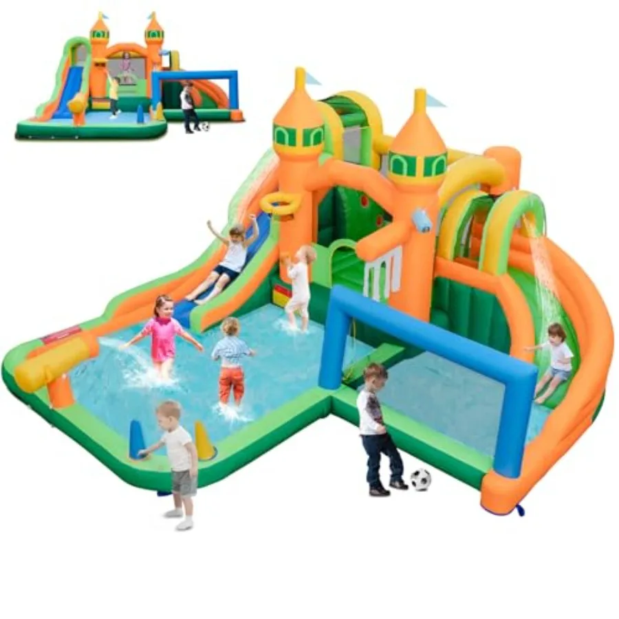 

Надувная водная горка 9 в 1: батут, аквапарк с двумя горками, бассейн, стена для скалолазания, футбольные ворота, водные горки