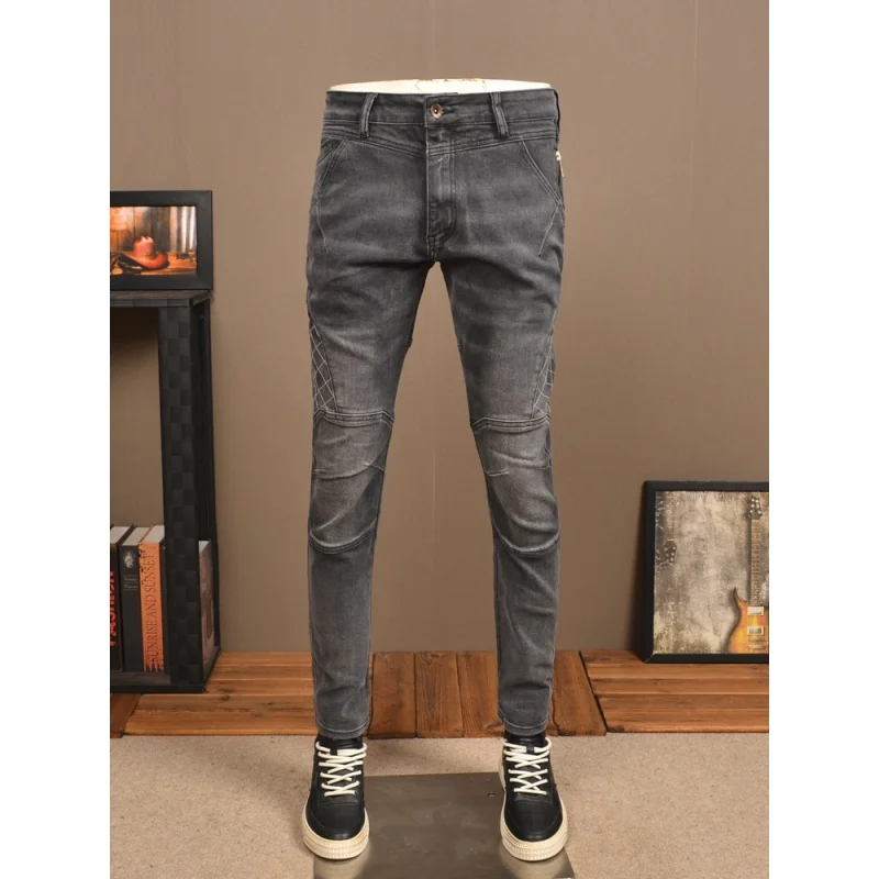 Black and Gray Stitching Jeans Men's Skinny Fashion Fashion Elastic Slim Fit Skinny Retro Washed Casual Motorcycle Men's Pants