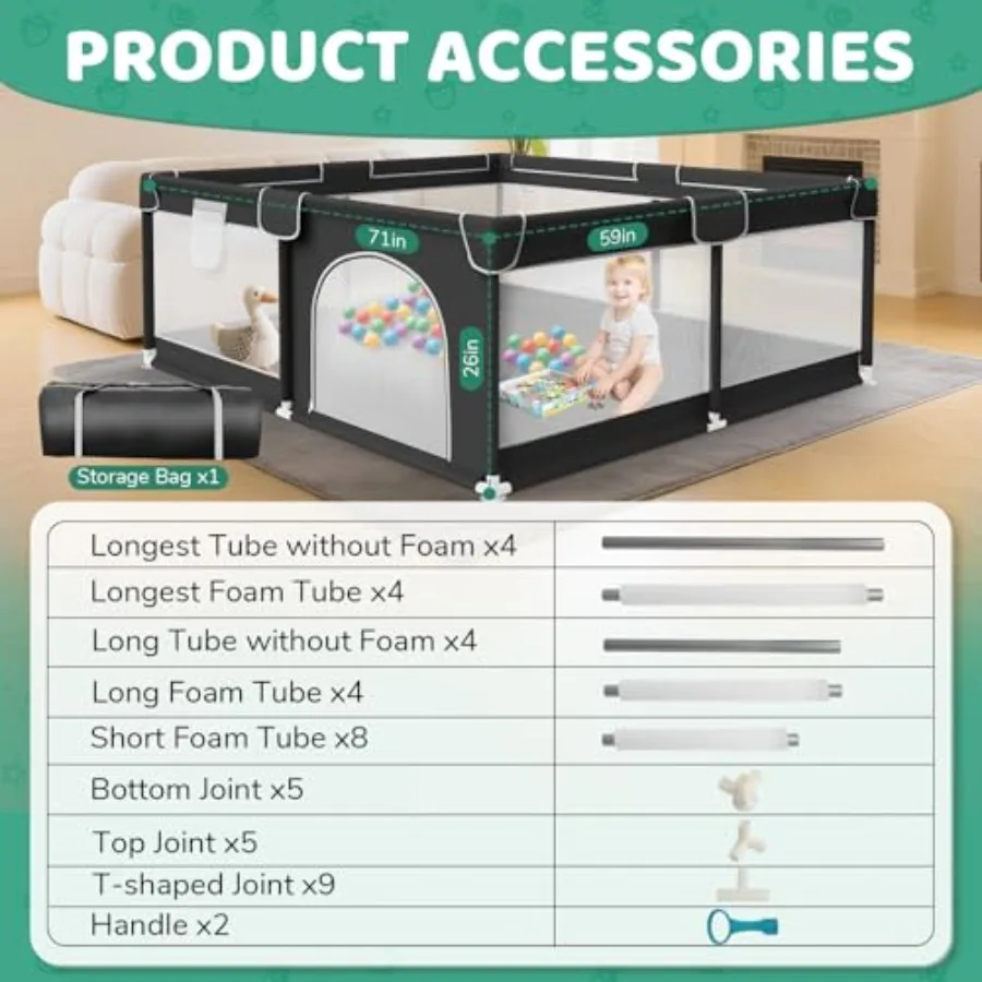 Kojec dla niemowląt i małych dzieci 71x59 cali - Bardzo duży kojec do zabawy dla dzieci do użytku wewnątrz i na zewnątrz z miękką, oddychającą siatką i zewnętrznym otwartym przegrodą.