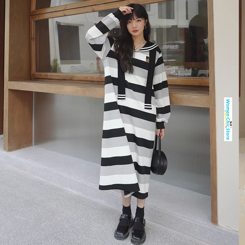 

Korean Style Fashion Sailor Collar Long Sleeve Stripe Dress for Women Elegant Sweet Loose Casual Maxi Dresses Female Autumn 2917