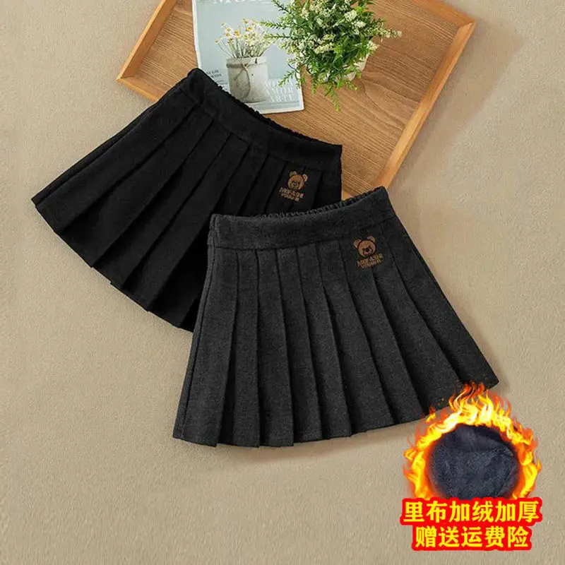 Girls\' Autumn and Winter 2021 New Skirt Middle and Big Children College Style JK Pleated Skirt Little Girl Fleece-Lined Skirt